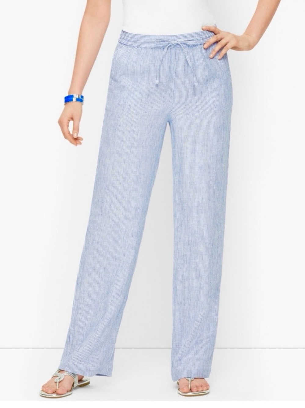 Talbots Linen Wide Leg Pants Size 18 Blue Stripe Nautical Coastal Beachy NEW
